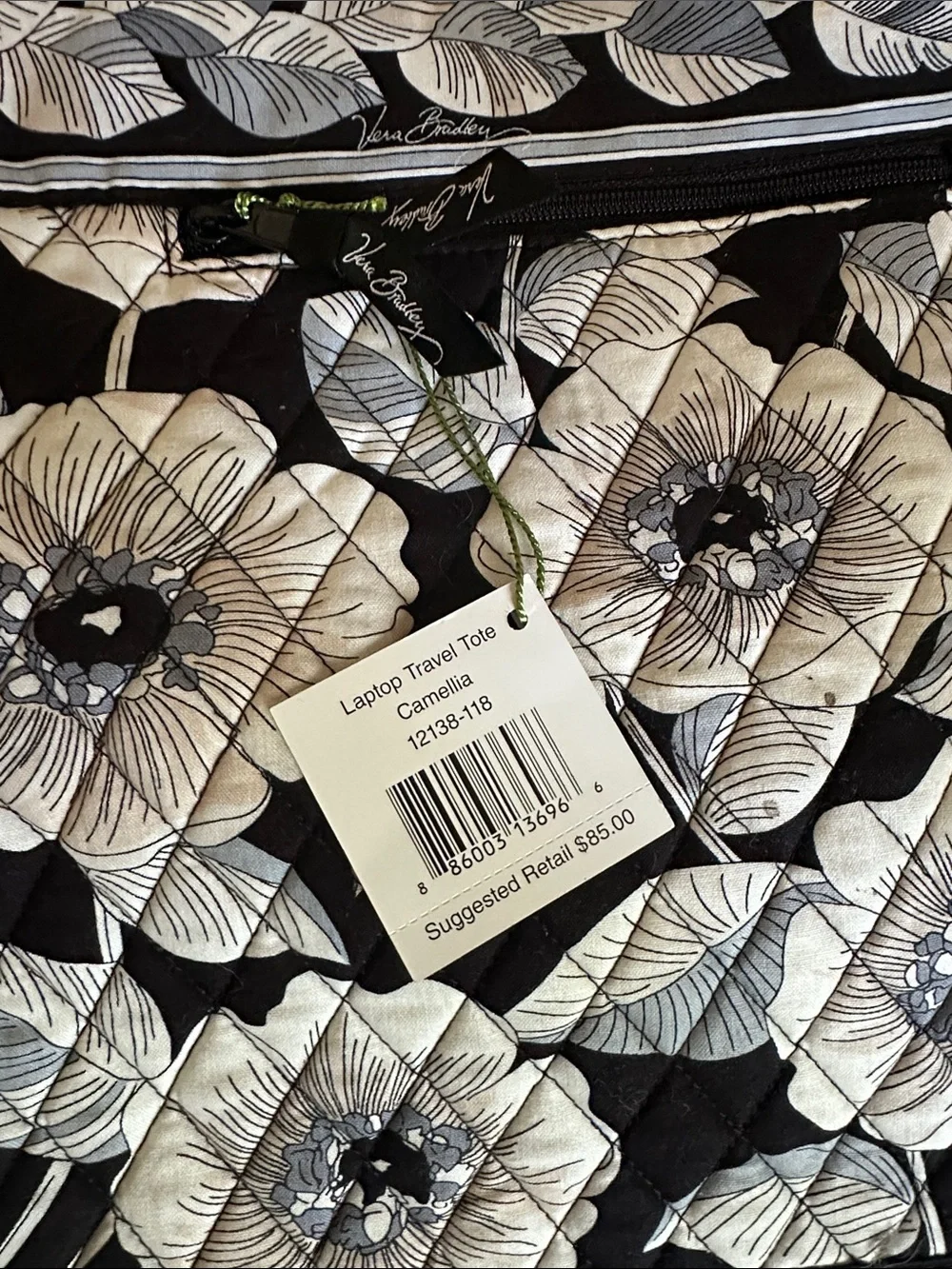 Vera Bradley Black Floral Quilted Shoulder laptop travel Tote with Cream Flowers